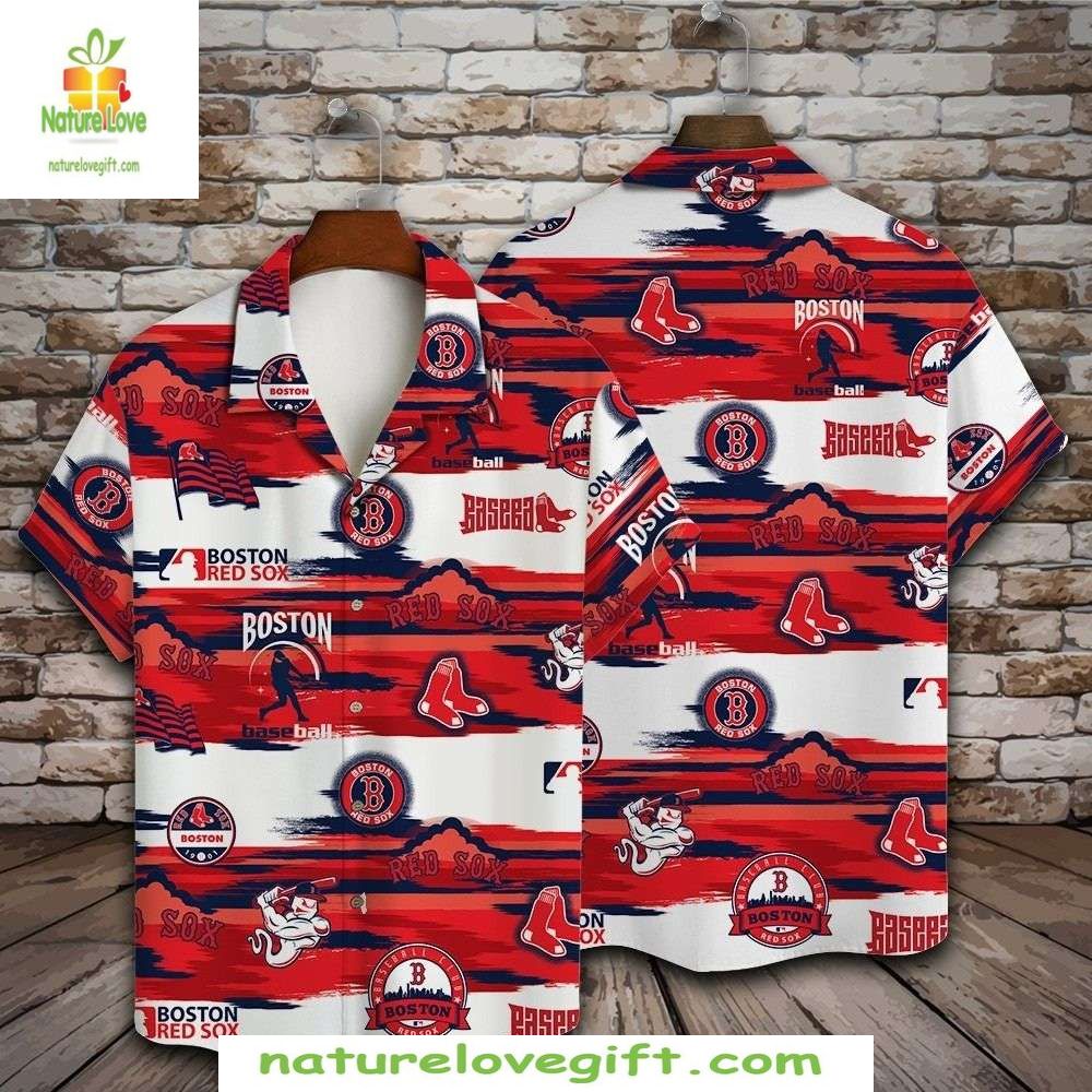 MLB Red Sox Hawaiian Shirt Swirl Stripes Nautical Baseball Apparel