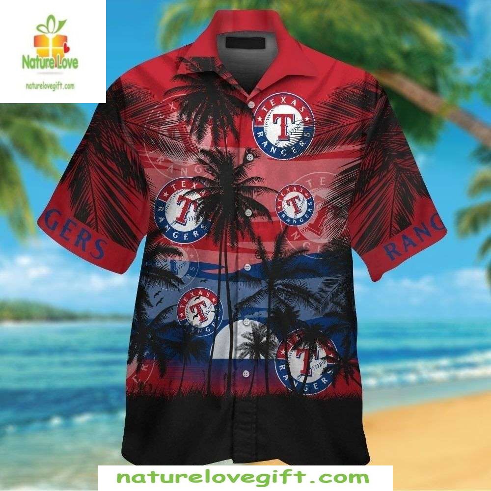 Texas Rangers Hawaiian Shirt Red Sunset Hues Palm Trees Aloha Shirt