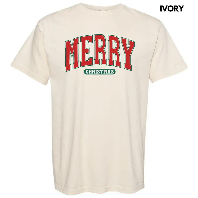 Red Varsity Merry Christmas Comfort Colors T-Shirt 'NLB' Hoodie, Sweatshirt | InkThreadWorks.com