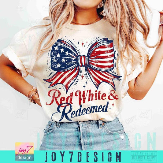 Red White & Redeemed 4th Of July T-shirt, Christian American Coquette Bow T-Shirt, Fourth of July American Flag Trendy Independence Day Retro T-shirt
