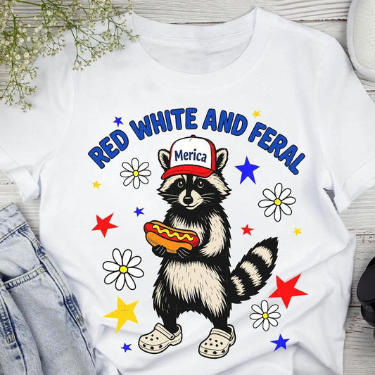 Red White And Feral 4th Of July Unisex Tee, Funny Raccoon Hot Dog Shirt, Feral USA Independence Day Gift, Unisex Style For Men and Women