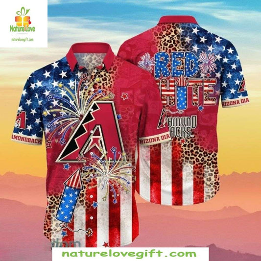 MLB Hawaiian Shirt Red White Diamondbacks Patriotic Firework Baseball Apparel
