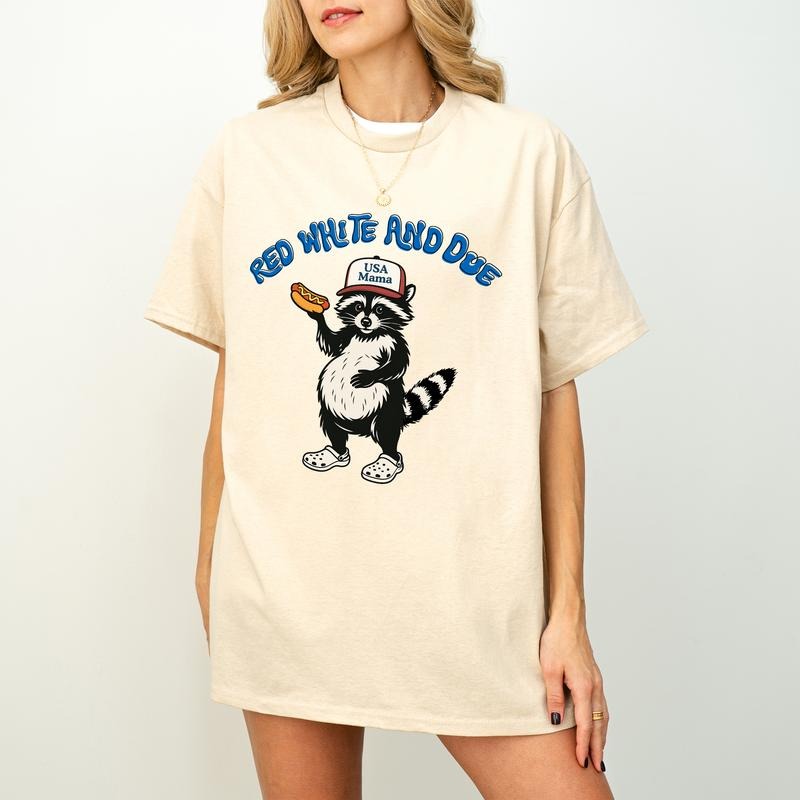 Red White and Due T-Shirt, Funny Pregnant Raccoon 4th of July T-Shirt, Patriotic Animal T-Shirt, Hotdog USA Maternity Shirt