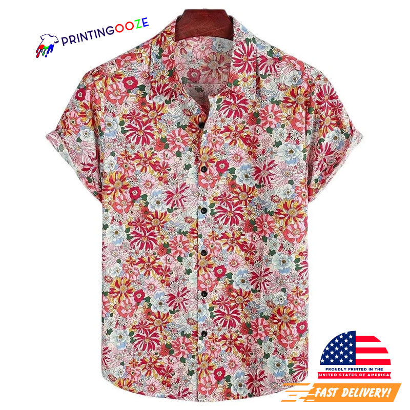 Red Wild Floral Printed, Floral Hawaiian Shirt