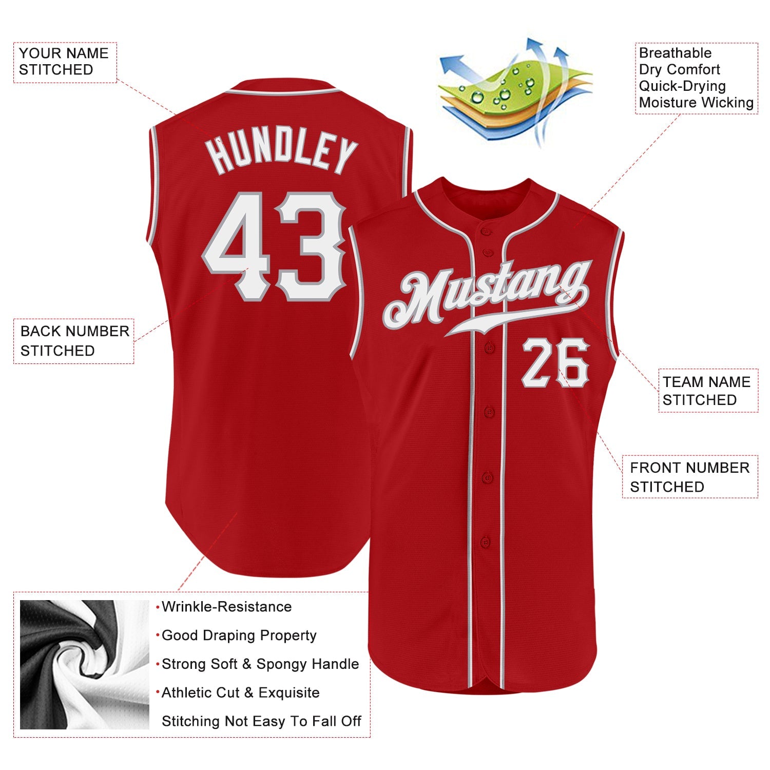 Custom Red White-Gray Authentic Sleeveless Baseball Jersey