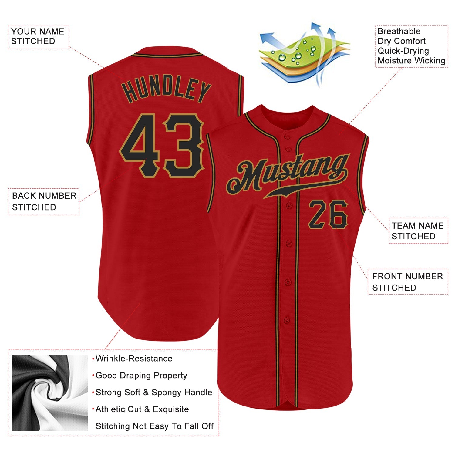 Custom Red Black-Old Gold Authentic Sleeveless Baseball Jersey
