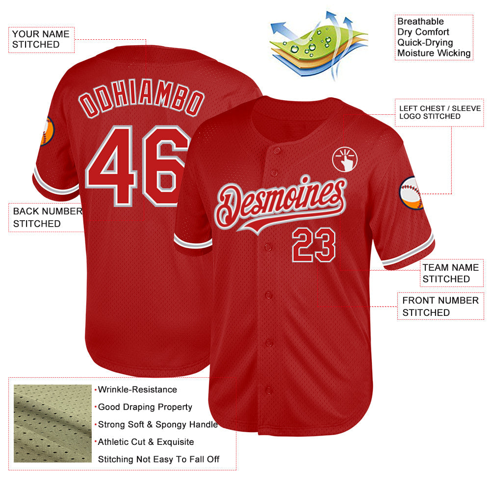 Custom Red White-Gray Mesh Authentic Throwback Baseball Jersey