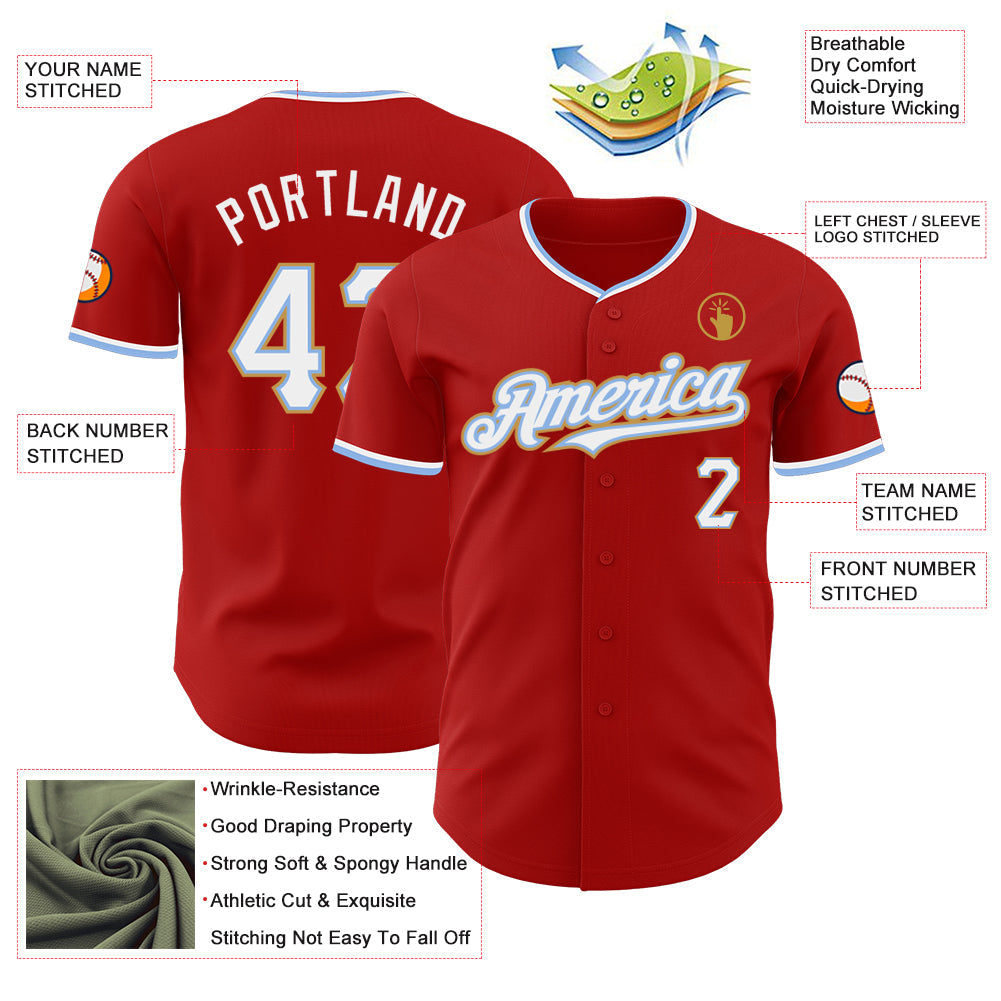 Custom Red White Light Blue-Old Gold Authentic Baseball Jersey
