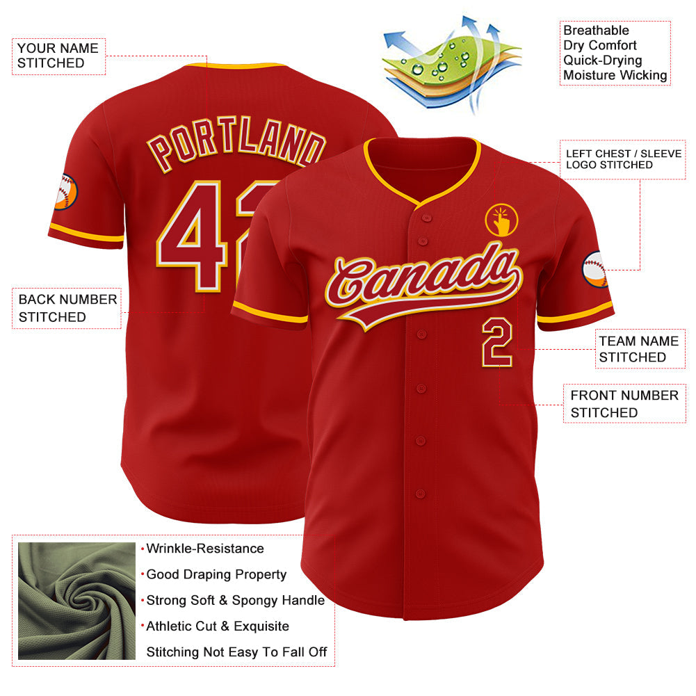 Custom Red White-Gold Authentic Baseball Jersey