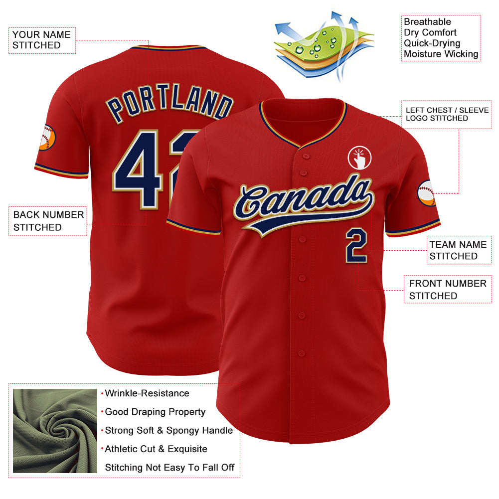 Custom Red Navy White-Old Gold Authentic Baseball Jersey