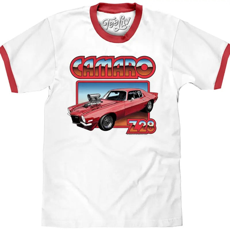 70s Chevrolet Camaro Z28 Ringer T-Shirt - White/Red Hoodie, Sweatshirt | InkThreadWorks.com