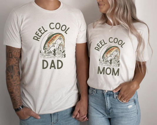 Reel Cool Mom Dad Matching T-shirts New Parents Gift Cute Pregnancy Baby Announcement Idea Fly Fishing Family Rainbow...
