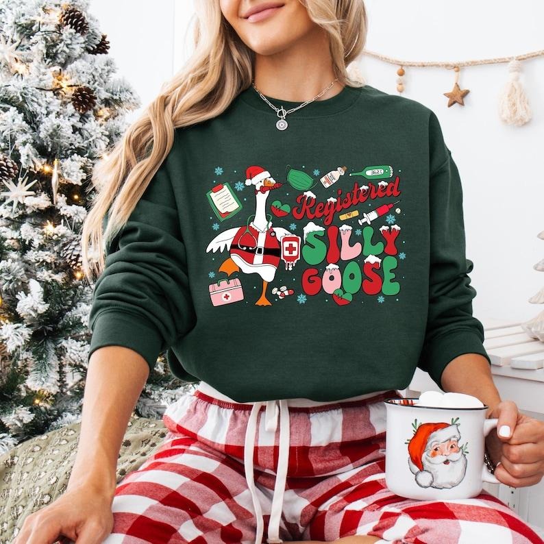 Registered Silly Goose Christmas Sweatshirt, Registered Nurse Christmas T-shirt, Funny Goose Nurse Tee, Christmas RN...