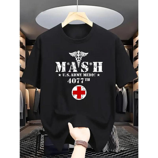 Regular Fit Short Sleeve All-Season Men's Casual MASH U.S. Army Medic 4077th Graphic Print Knit Cotton Crew Neck T-Shirt Made in USA