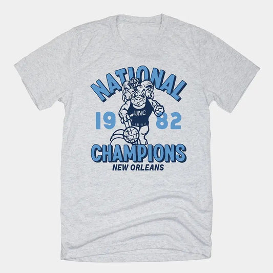 Retro 1982 UNC Basketball Champions Tee: Classic Gildan 5000 T-Shirt, Medium Length, Oversize Fit, Short Sleeve, Polyester Patterned Graphic Print