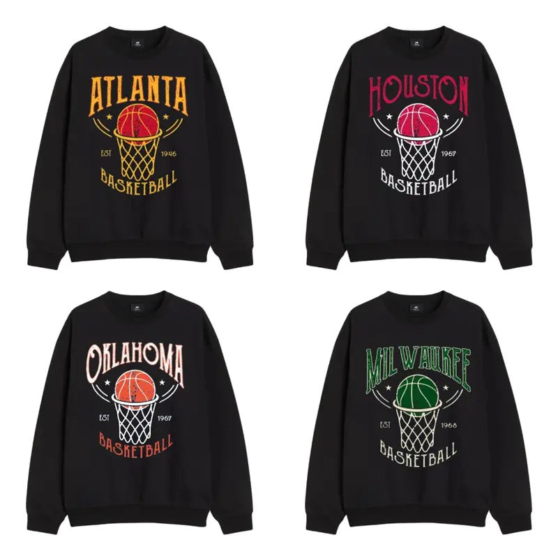 Retro Basketball Team Sweatshirt - Vintage Graphic Tee for Fans All Team - Milwaukee, Houston, Oklahoma, Atlanta