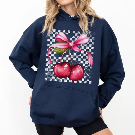 Retro Checkered Cherries Hoodie, Coquette Cherries Graphic Hoodies, Cherry Lover Hoodie, Checkered Women Clothing, Gift For Her