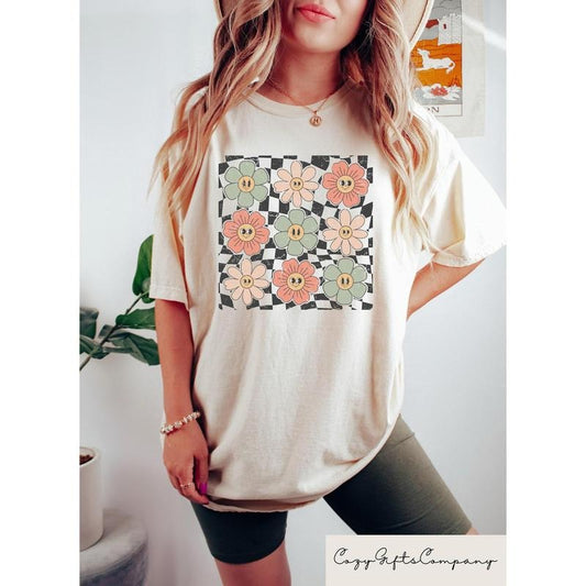 Retro Checkered Flower Shirt, Retro Flowers Tshirt, Comfort Summer Shirt, Boho Flower Shirt, Boho Hippie Tee, Trendy Summer Graphic Teestyle{n002}2