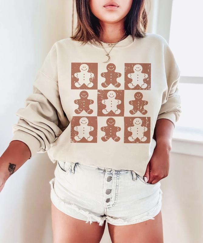 Retro Checkered Gingerbread Man Sweatshirt, Trendy Distressed Christmas Sweatshirt, Cute Checkered Xmas Sweatshirt...