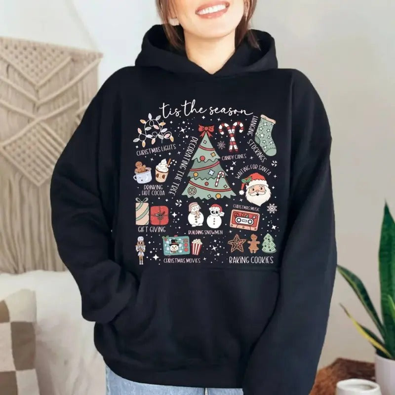 Retro Christmas Shirt, Tis The Season Christmas Sweatshirt, Cute Santa Holiday Hoodie, Trendy Festive, Hot Cocoa, Unisex Sweater Pullover Tee