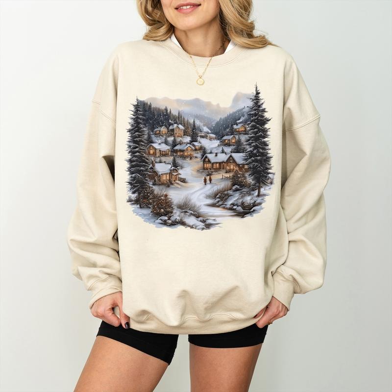 Retro Christmas Winter Village Sweatshirt, Nineties 90s Mountain Pine Trees Decorated Cabins Outfit, Boho Unisex Crewneck...