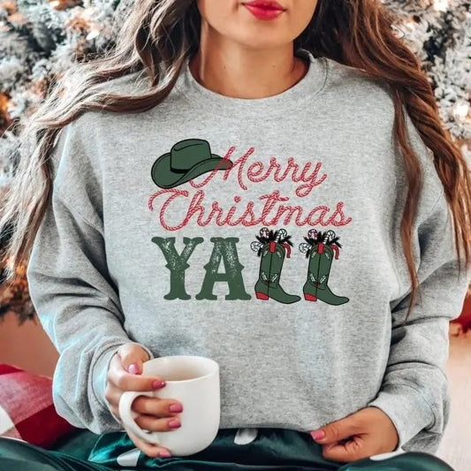 Retro Cowboy Merry Christmas Yall Western Sweater, Countryside Western, Cowgirl, Cowboy Boots Xmas Tee Hoodie, Sweatshirt