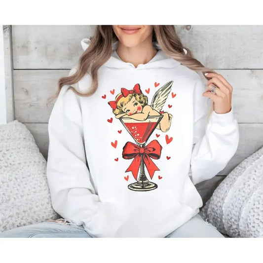 Retro Cupid Coquette Bow Shirt, Retro Valentine Shirt, Valentine's Day Sweatshirt, Valentines Bow Martini Hoodie, Unisex...