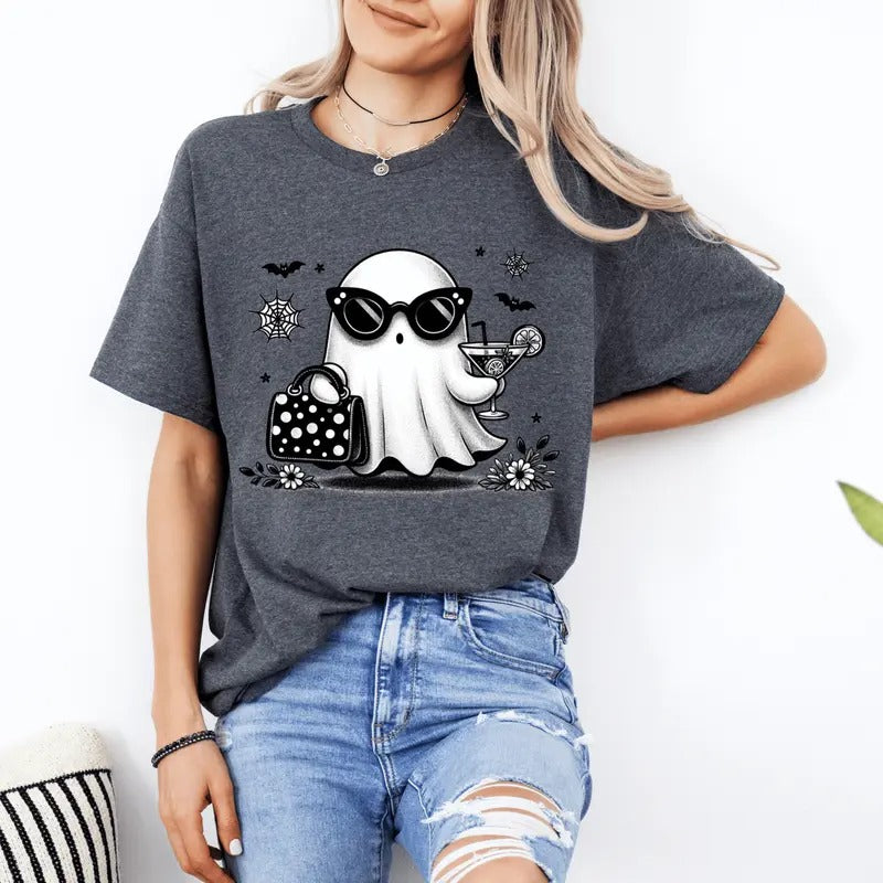 Retro Cute Halloween Ghost with Cocktail. Casual Everyday Relaxed Halloween Unisex T-Shirt. Hoodie, Sweatshirt