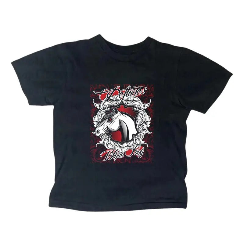 Retro Deftones Horse Baby Tee Y2k Top Women Streetwear Gothic Emo Girl Top Casual Cotton Short Sleeve Hoodie, Sweatshirt