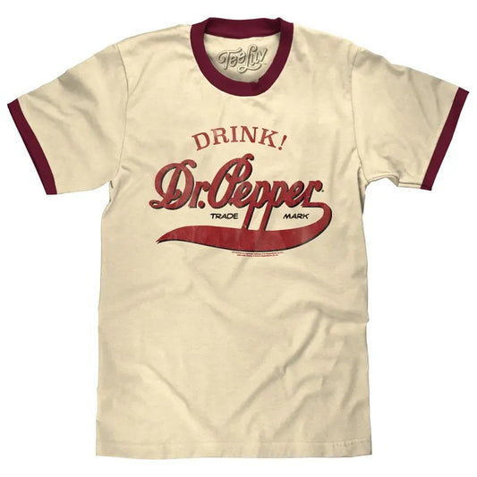 Retro Drink Dr. Pepper Ringer T-Shirt - Beige and Maroon graphic tee