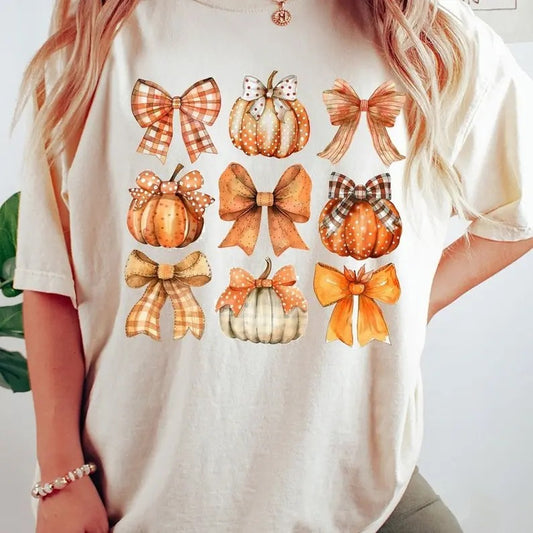 Retro Fall Pumpkin Bow Shirt, Fall Coquette Bow Sweatshirt, Autumn Pumpkin Tee, Fall T-Shirt , Autumn Design, Autumn Bow...