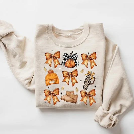 Retro Fall Pumpkin Bow Sweatshirt for Women, Cute Fall Autumn Vibes Pullover Sweater, Comfy Trendy Friendsgiving Holiday...
