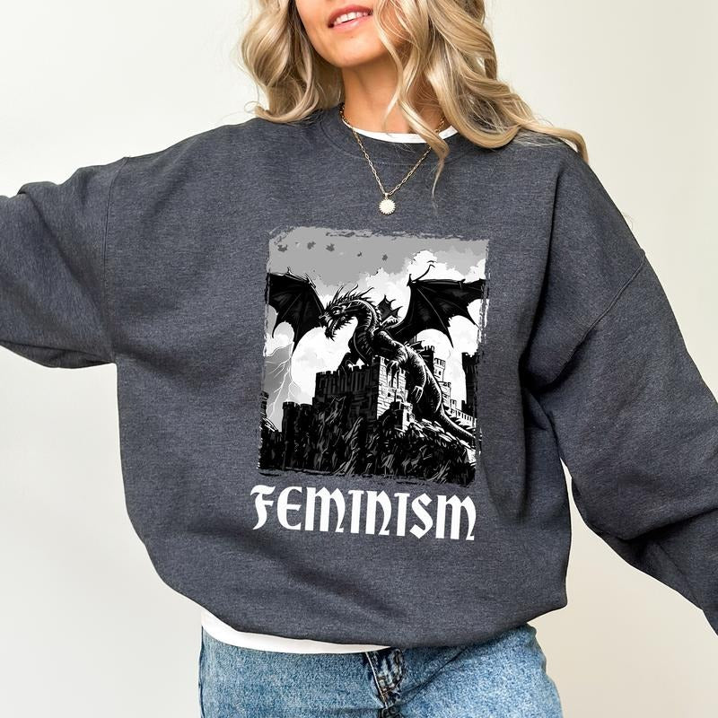 Retro Feminism Dragon Fantasy Sweatshirt, Dark Academia Sweater, Women's Rights Apparel Gifts, Girl's Power Long Sleeve...