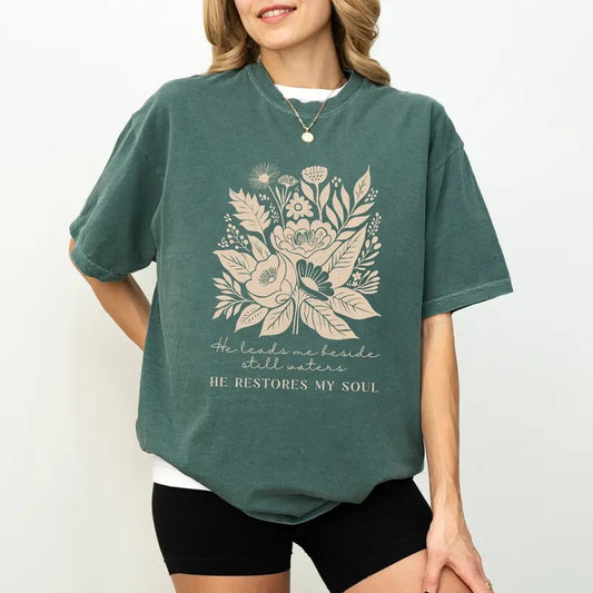 Retro Floral Bible Verse Comfort Colors Shirt, He Leads Me Beside Still Waters He Restores My T-shirt, Christian Shirt,...