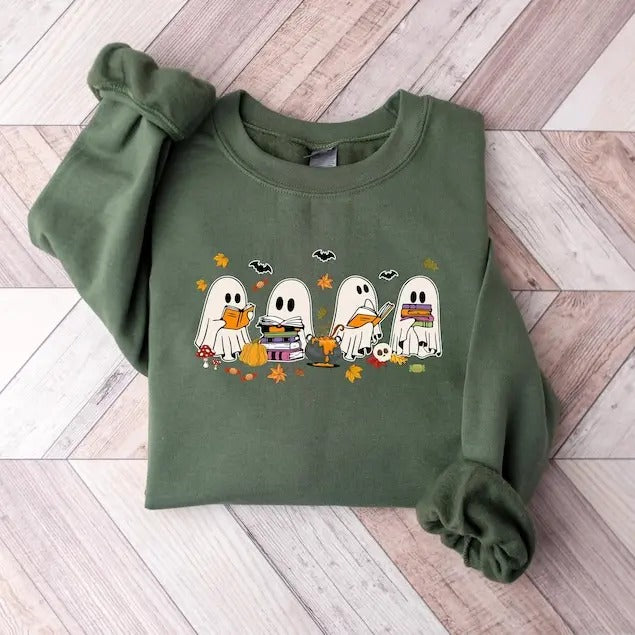 Retro Ghost Reading Books Sweatshirt, Librarian Ghost Halloween hoodie, Halloween Teacher Sweatshirt, Halloween Shirt,...