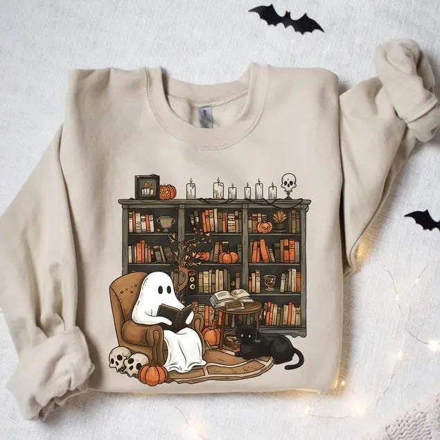 Retro Ghost Reading Books Sweatshirt, Librarian Ghost Halloween shirt, Halloween Teacher Sweatshirt, Halloween Shirt,...