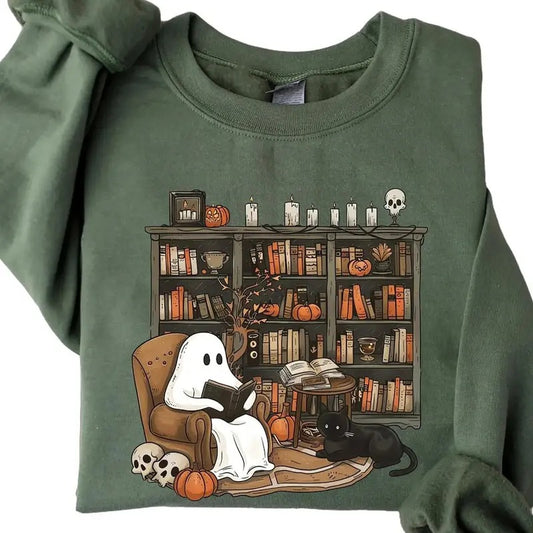 Retro Ghost Reading Books Sweatshirt, Librarian Ghost Halloween, Halloween Teacher Hoodie, Halloween Shirt, Teacher Gift,...