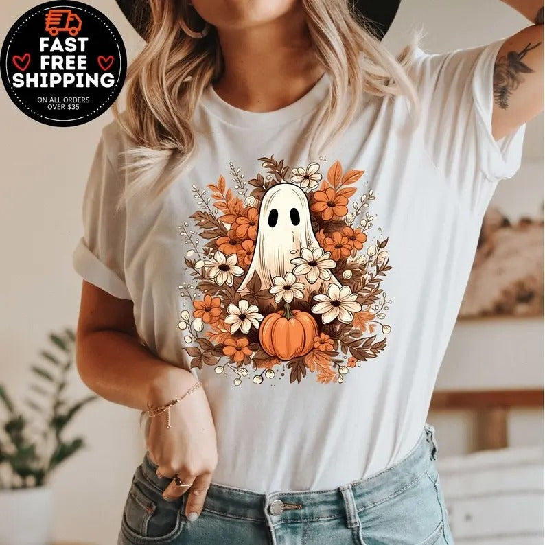 Retro Ghost Shirt, Vintage Floral Ghost Halloween Shirt, Flower Halloween Shirt, Cute Ghost Shirt, Retro Fall Shirt,...