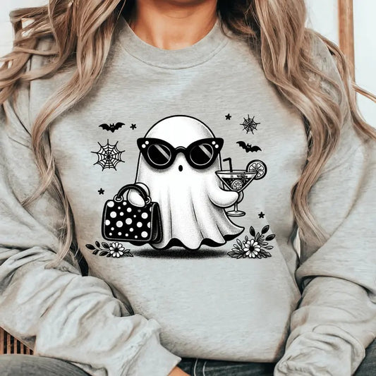 Retro Halloween Ghost with Cocktail. Casual Everyday Softstyle Halloween Unisex Pullover Crewneck Sweatshirt. T-Shirts,...