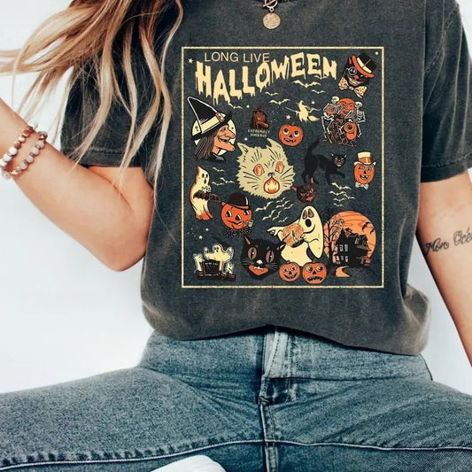 Retro Halloween Shirt, Long Live Halloween,Spooky Season Tee Pumpkin Shirt Black Cat, Unisex Classic Cotton Tee with 2 Sided Graphic Print in All Sizes, For Men, For Women