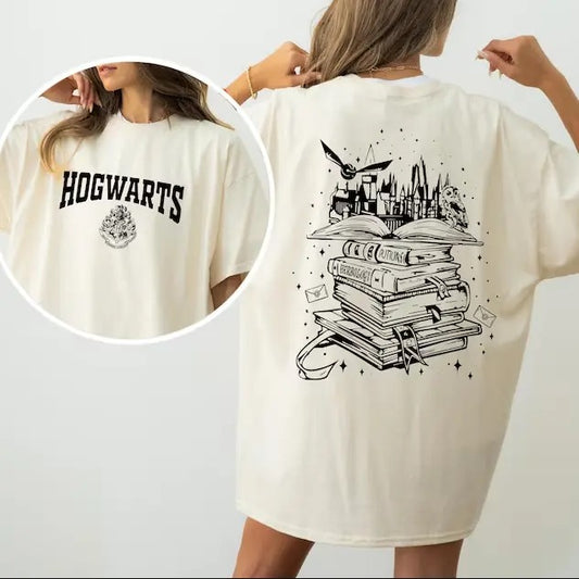 Retro Hogwarts Graphic Tee, Oversized Wizardry Themed Shirt, Book Lover's Vintage Top, Casual Magical Apparel