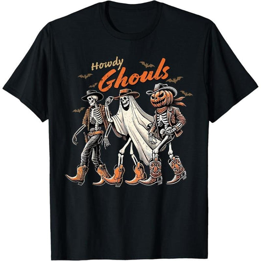 Retro Howdy Ghouls Skeleton Cowboy Western Rodeo Halloween T-Shirt made in usa Hoodie, Sweatshirt | InkThreadWorks.com