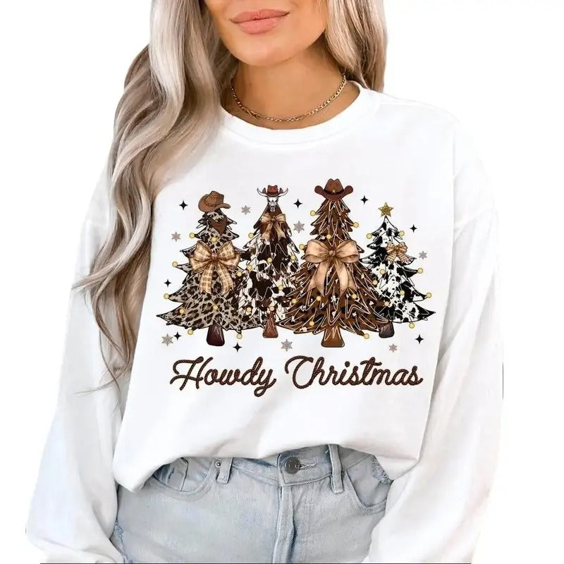 Retro Howdy Western Christmas Tree Crewneck Sweatshirt, Cowboy Cowgirl Christmas, Coquette Christmas Bow Shirt Hoodie