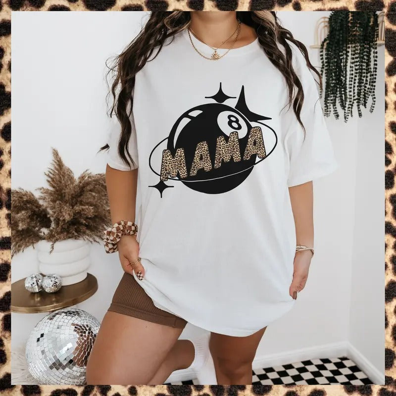 Retro Leopard Mama T Shirts, Trendy Women's Letter Print Short Sleeve Tee, Oversized Summer Tee for Moms, Mothersday Gift for Her, 8 Ball Lucky Mama Graphic T-Shirt PUFF