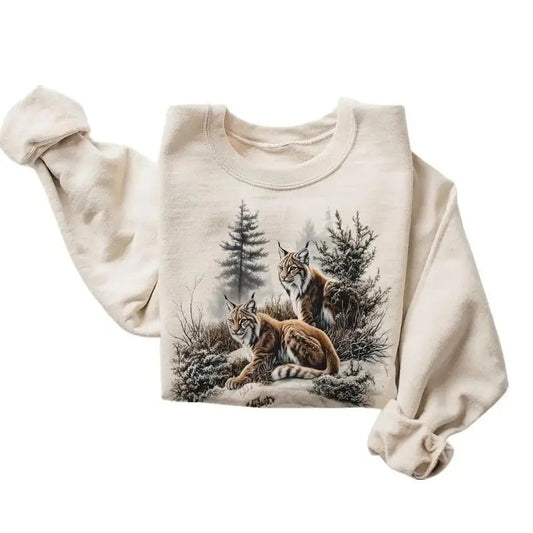 Retro Lynx Winter Forest Scene Sweatshirt - Nineties 90s Vintage Lynxes In The Snow Outfit - Boho Unisex Cotton Menswear