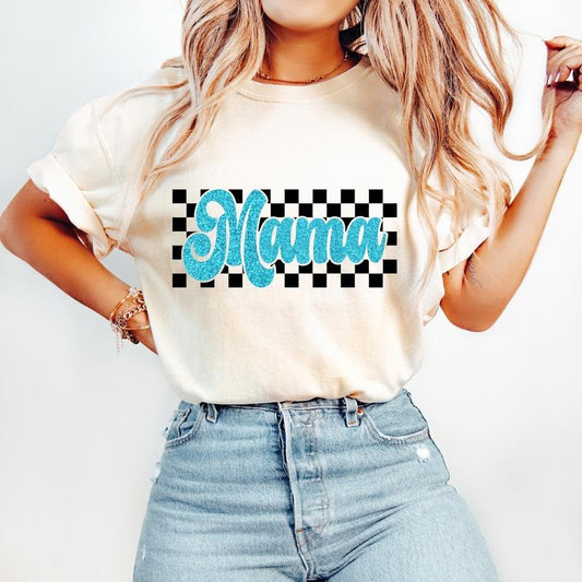 Retro Mama T-Shirt, Blue Mom T-Shirt, Retro Checkered T-Shirt, Trendy Mom Shirt Design Hoodie, Sweatshirt