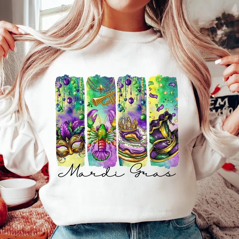 Retro Mardi Gras Tshirt Sweatshirt, Fleur De Lis, Brushstroke Mardi Gras, Mardi Gras Coquette, King Cake Shirt, Unisex...