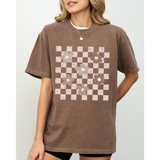 Retro Minimalist Flowers, Checkered, Vintage, Floral, Daisies Shirt, Women's Comfort Color Tee, Tshirt
