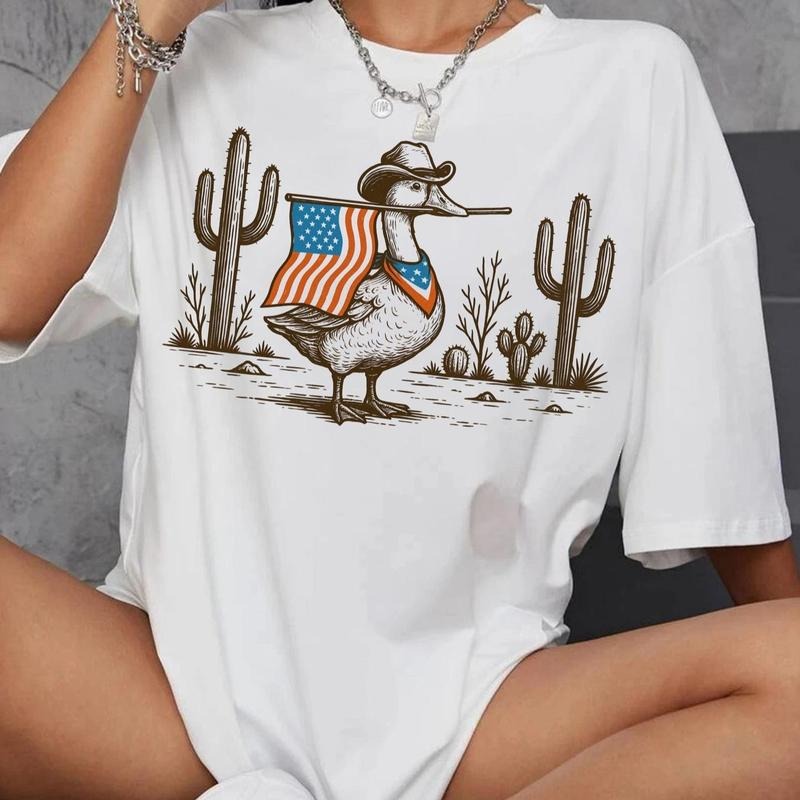 Retro Patriotic Western Cowboy Goose Shirt, Funny 4th of July Goose Countryside Tee, America Independence Day Patriotic...