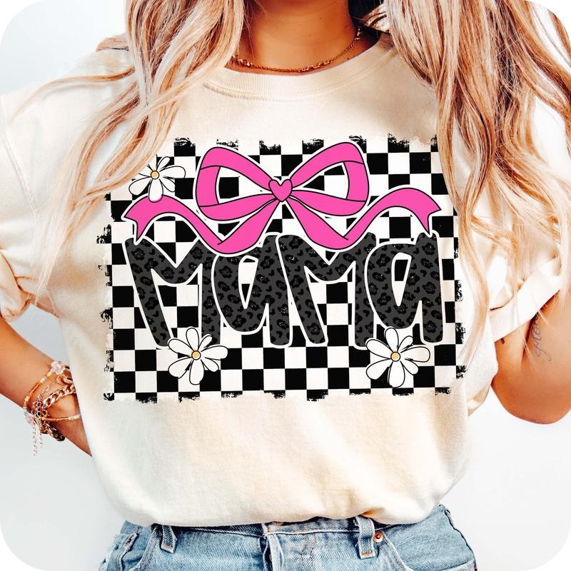 Retro Pink Mama Coquette Bow T-Shirt, Mama Checkered T-Shirt, Mama Varsity T-Shirt, Mama T-Shirt, Mothers Day T-Shirt,...